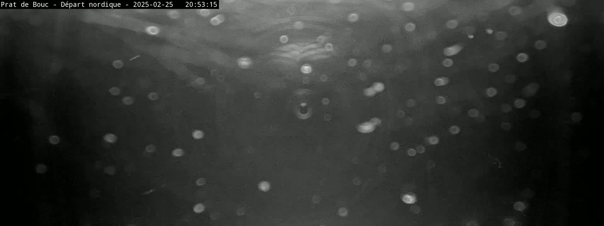 A dark, blurry image shows numerous out-of-focus white specks falling against a dark gray background in snowy conditions.