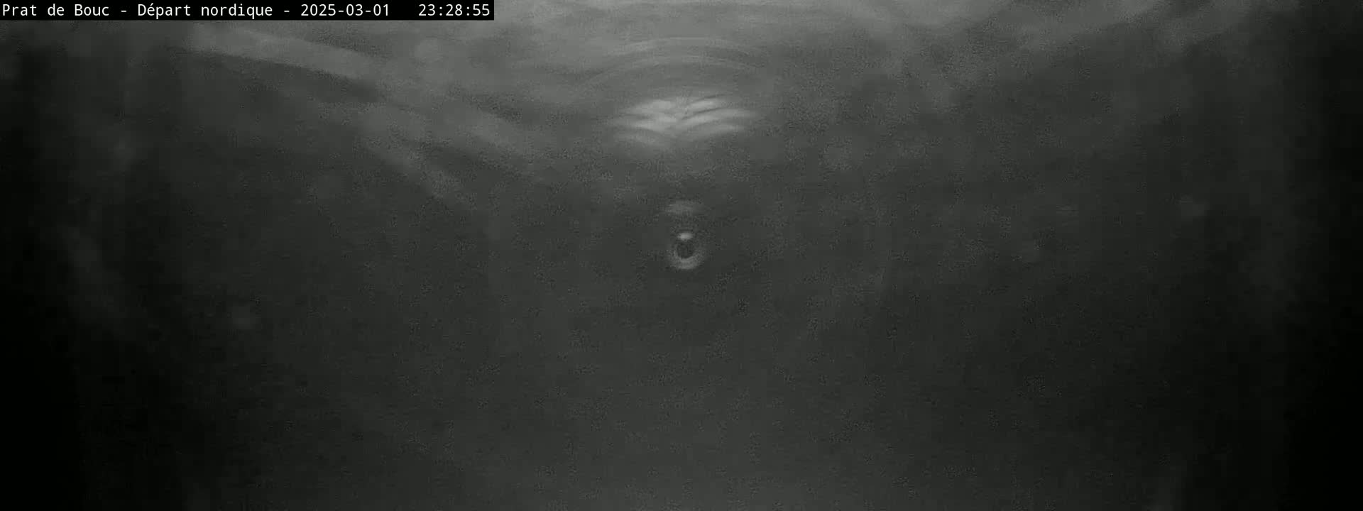 A blurry, dark grayscale image shows a night scene with a faintly visible, possibly watery, surface.