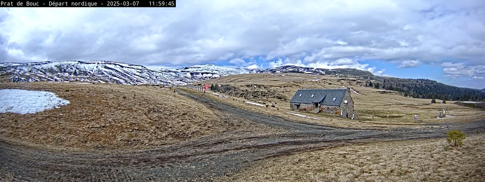 A stone building sits on a dirt road in a mountainous landscape with patchy snow and a partly cloudy sky.