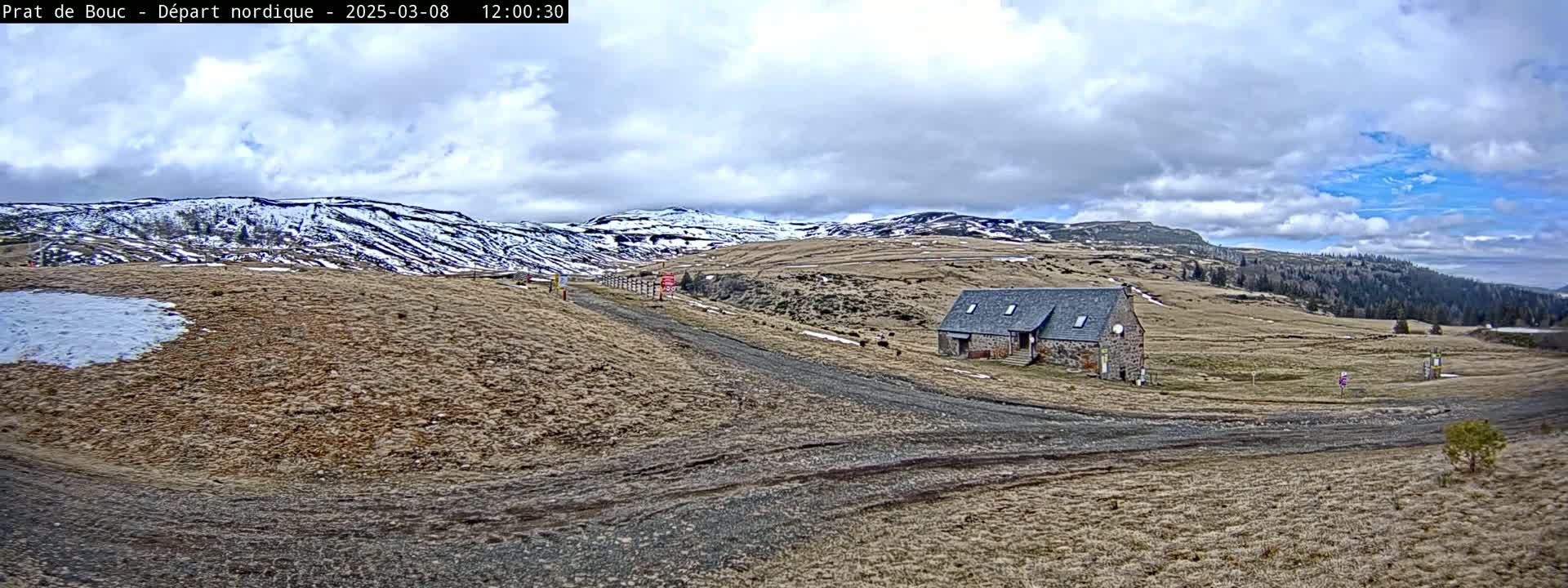 A stone building sits on a dirt road amidst brown, snow-dusted hills under a partly cloudy sky.