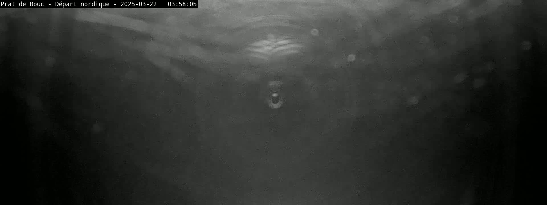 A dark, blurry image shows a small, bright object in the center, possibly under water, with faint light and particles visible throughout.