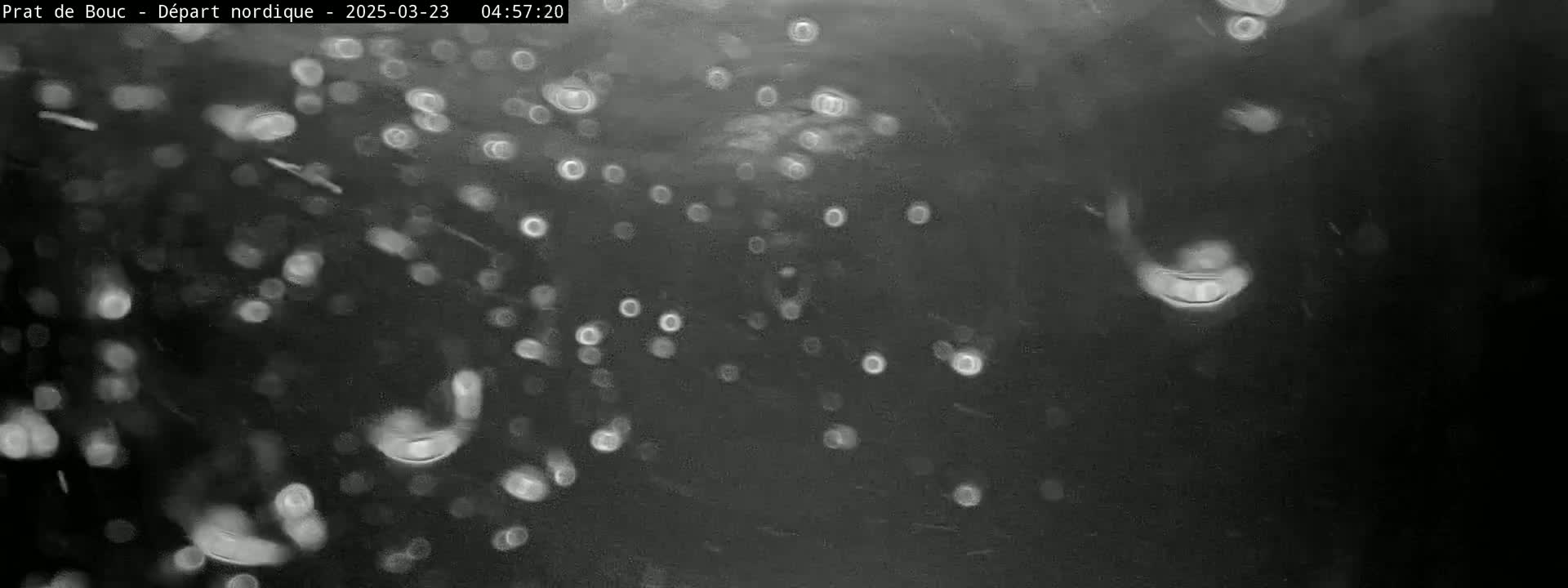 A grainy, black-and-white image shows numerous out-of-focus light sources, possibly raindrops or snowflakes, falling against a dark background.