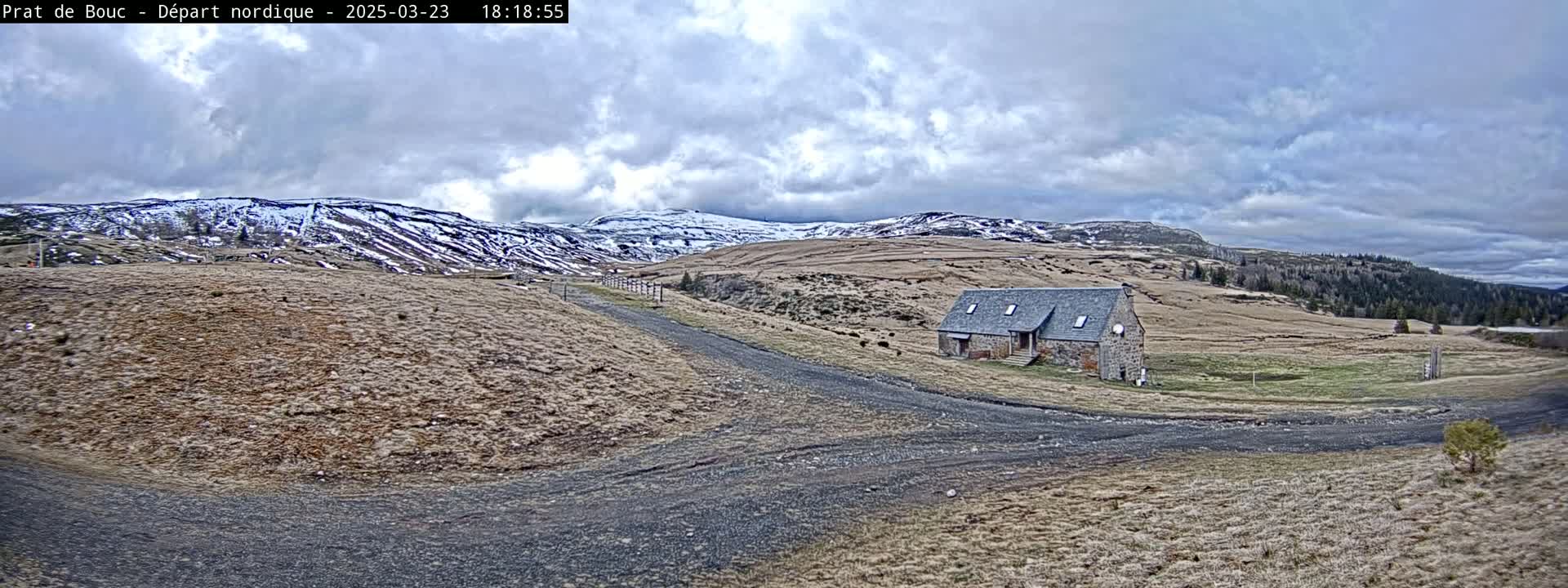 A gravel road leads to a stone building in a mountainous landscape under a cloudy sky; snow is visible on some of the distant peaks.