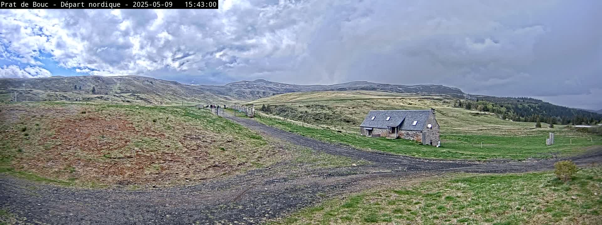 A stone house sits on a grassy hillside, with a dirt road leading toward it and a group of people walking in the distance, under a mostly cloudy sky.