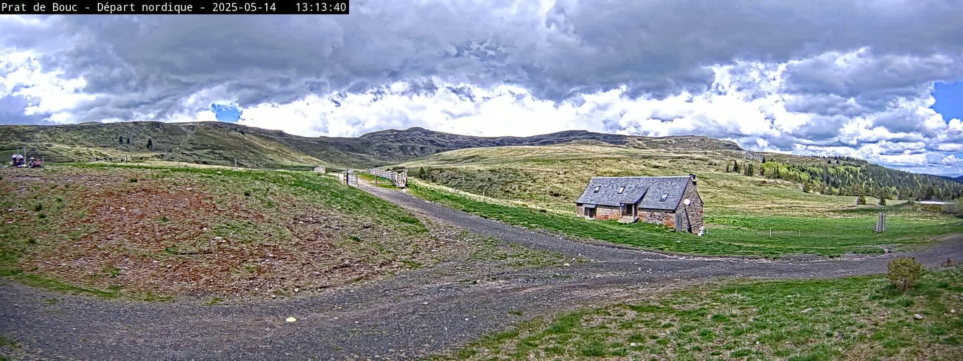 A gravel road winds through a grassy landscape toward a stone building under a partly cloudy sky.