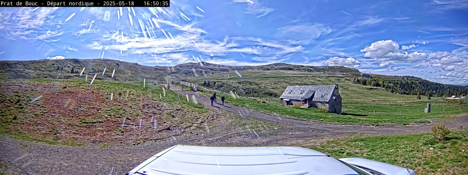 A gravel road leads to a stone building on a grassy hillside under a partly cloudy blue sky.