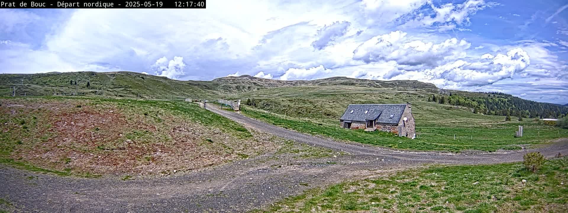 A stone building sits on a grassy hillside under a partly cloudy sky, with a gravel road leading to it.
