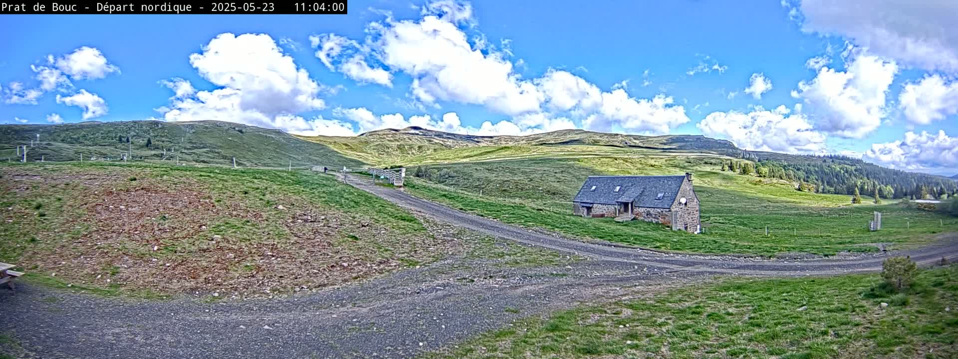 A stone building sits on a grassy hillside under a partly cloudy blue sky, with a dirt road leading to it.