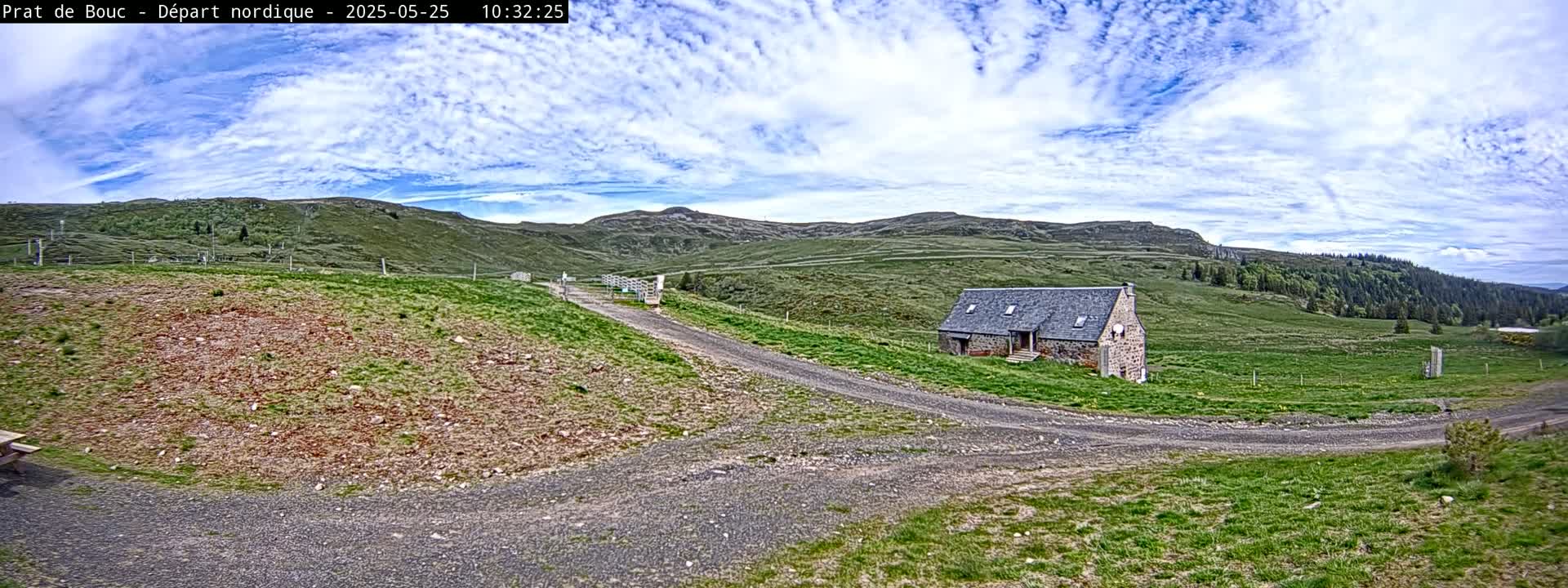 A stone building sits on a grassy hillside with a dirt road leading to it under a partly cloudy sky.