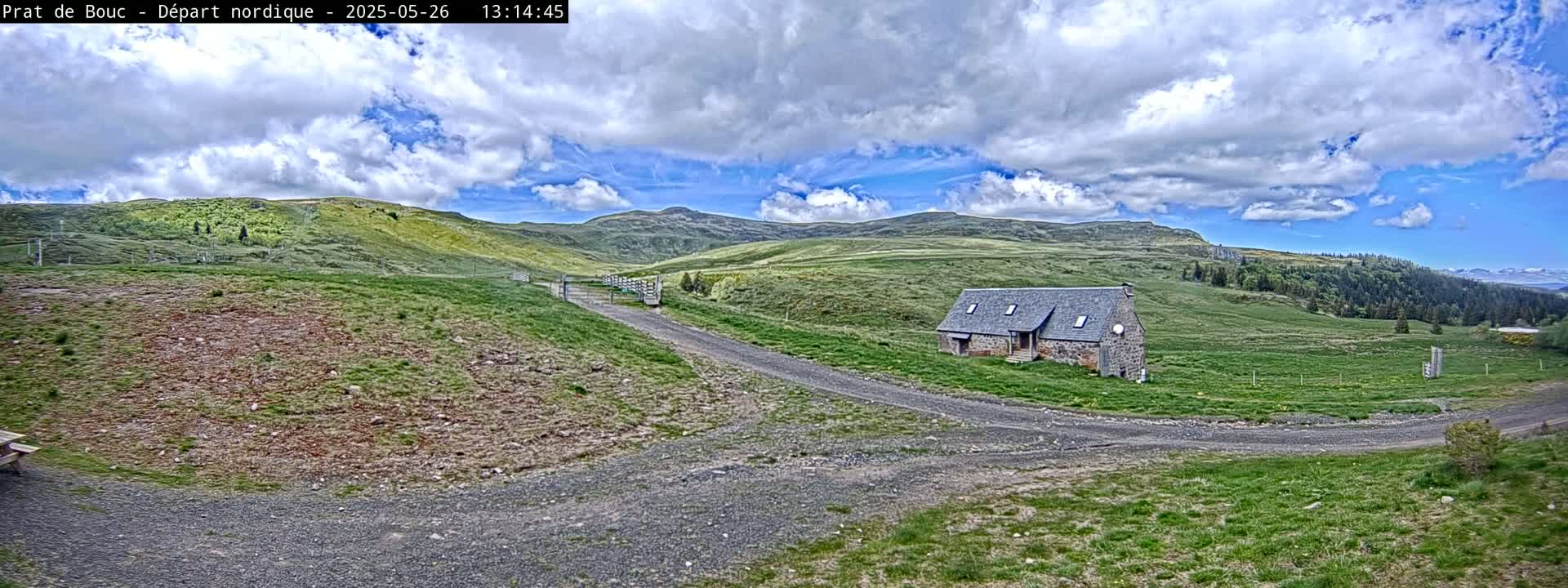 A stone building sits on a grassy hillside with a gravel road leading to it, under a partly cloudy sky.