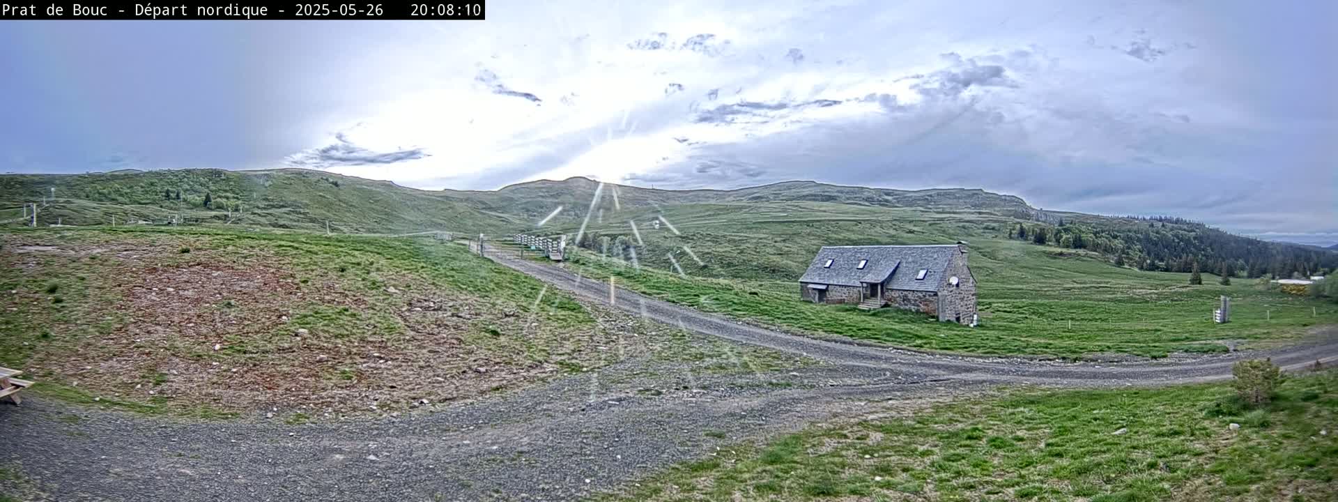 A gravel road leads to a stone building on a grassy hillside under a partly cloudy sky.