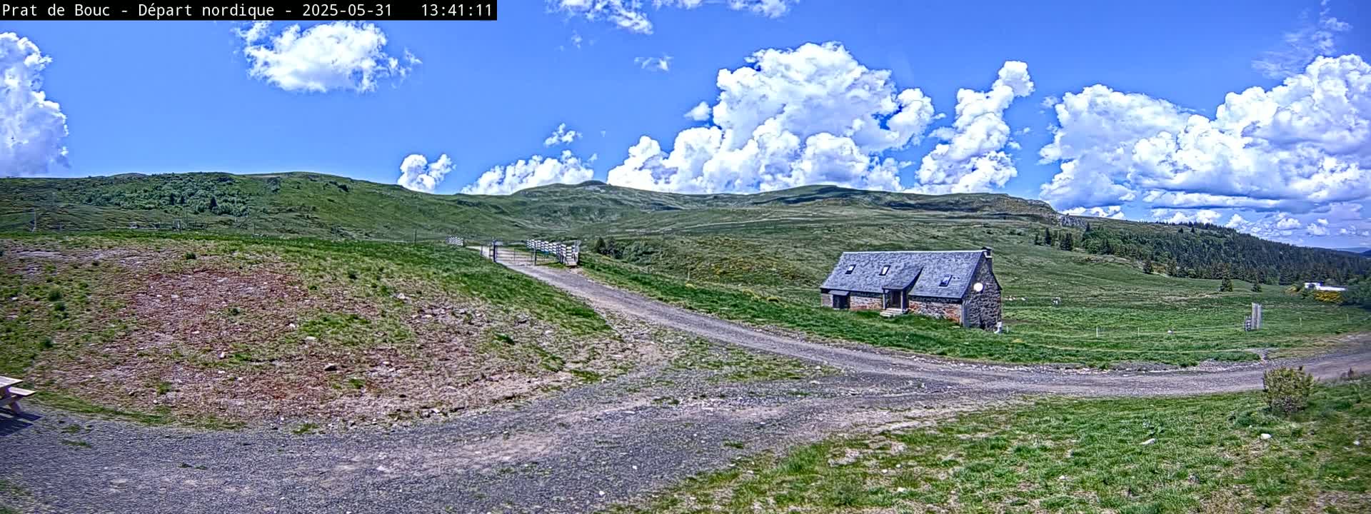 A gravel road forks in a grassy field beneath a partly cloudy blue sky, leading to a stone building and a distant, rolling green hillside.