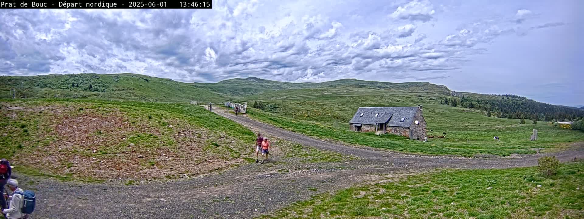 A gravel road leads to a stone building nestled in a grassy valley under a partly cloudy sky.