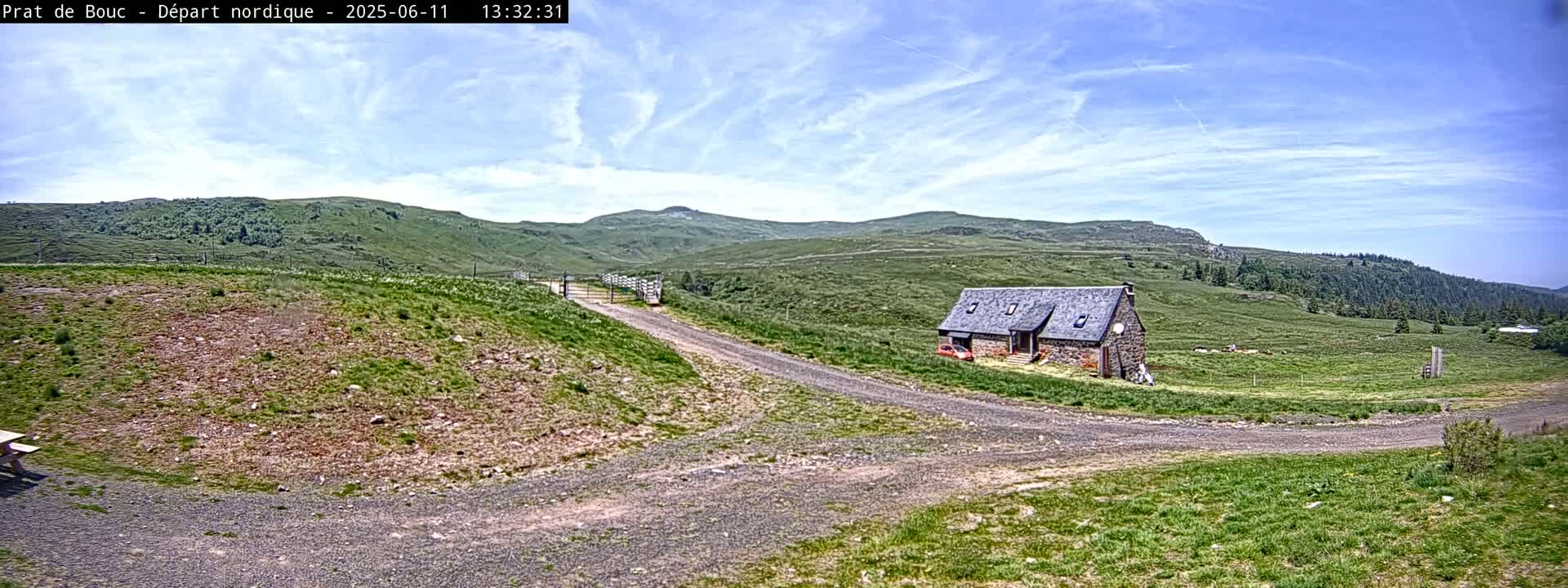 A stone building sits on a grassy hillside with a dirt road leading to it, under a mostly sunny sky.