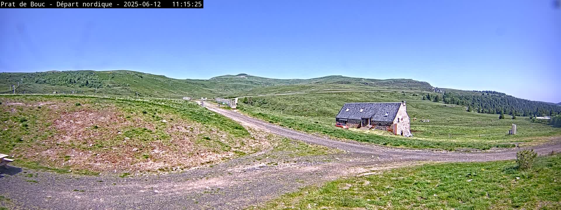 A gravel road leads to a stone building situated on a grassy plateau under a clear blue sky.