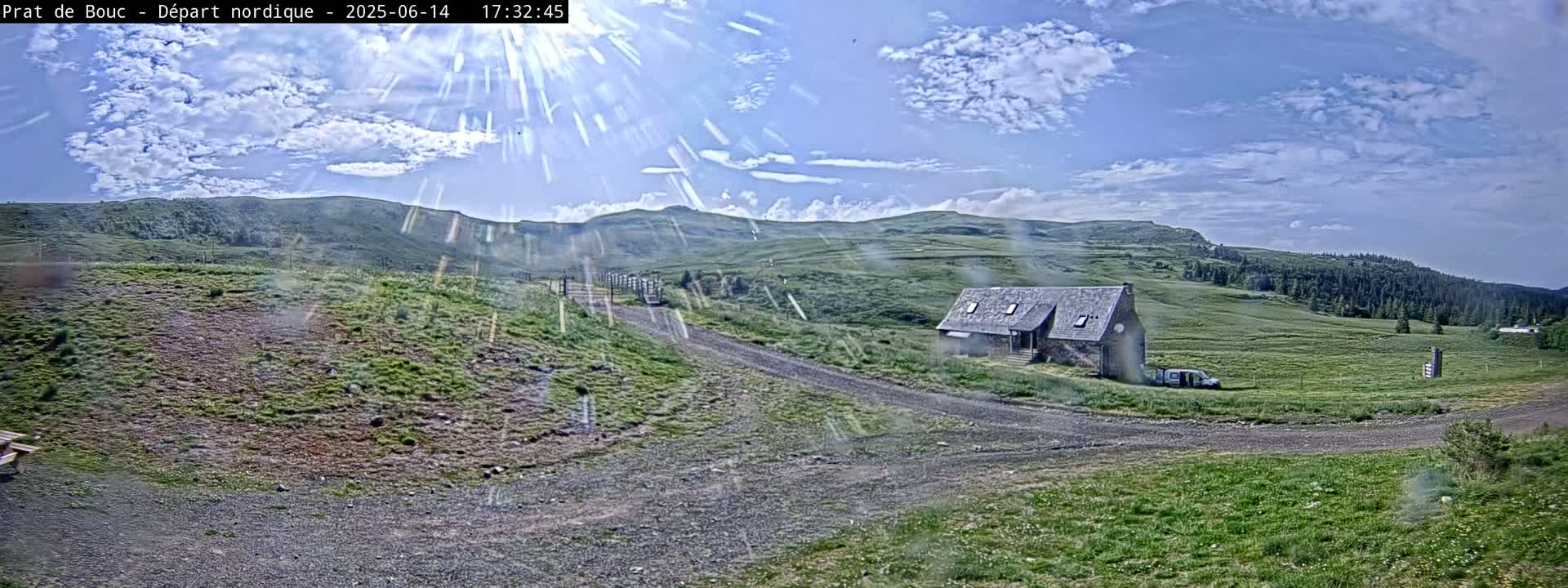 A gravel road leads to a stone building in a grassy field beneath a partly cloudy sky.