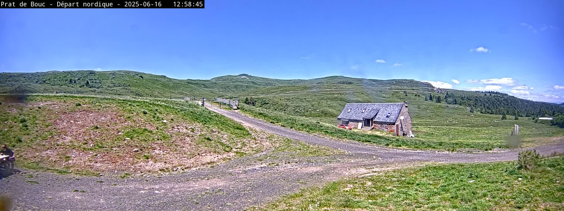 A gravel road leads to a stone building nestled in a grassy valley under a mostly clear blue sky.