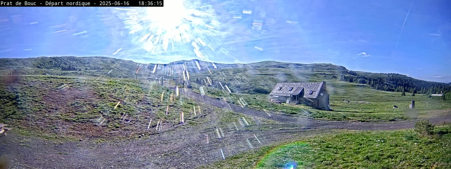 A stone building sits on a grassy hillside under a bright, sunny sky, with a herd of cows grazing in a nearby field.
