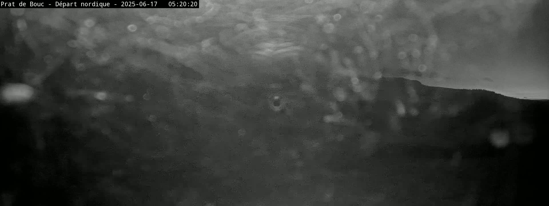 A blurry, dark grayscale image shows a distant, indistinct landscape under a cloudy sky.