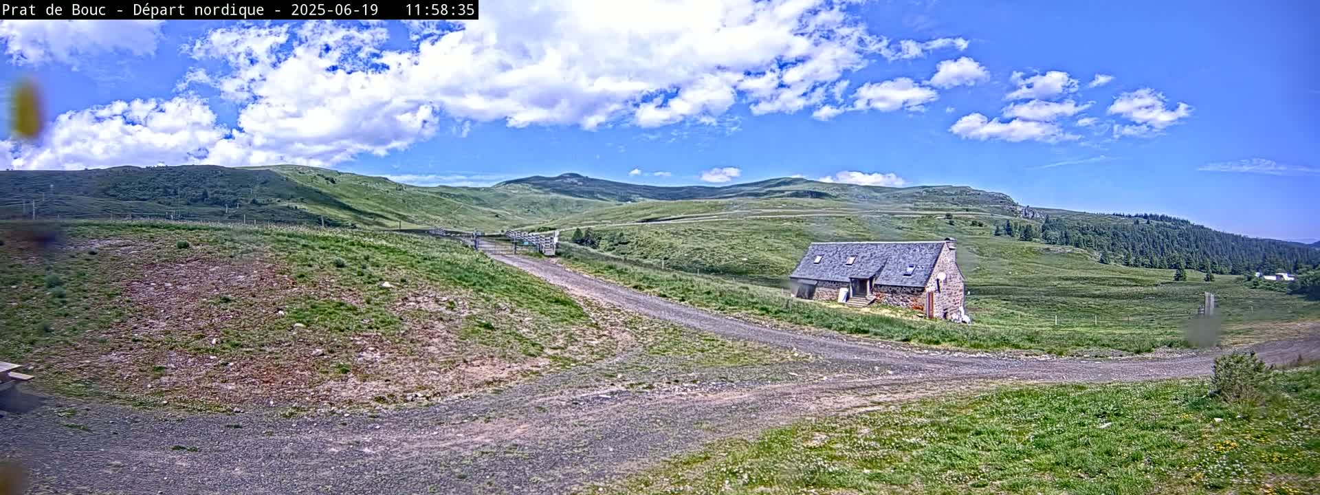 A stone building sits on a grassy hillside under a mostly sunny sky with scattered clouds, near a dirt road that forks.