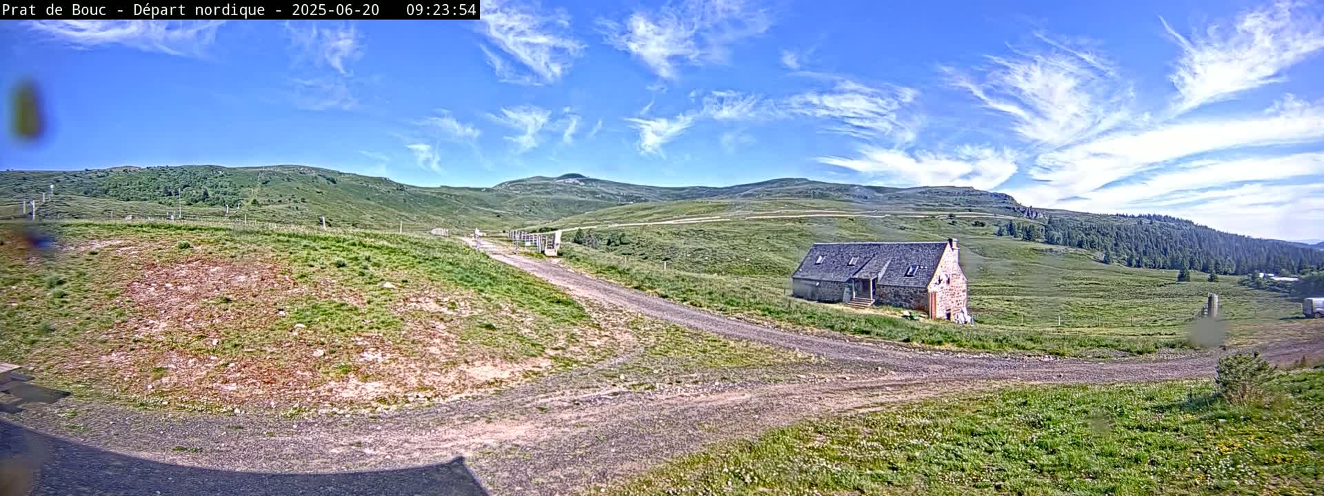 A stone house sits on a grassy hillside with a dirt road leading to it under a mostly sunny sky with scattered clouds.