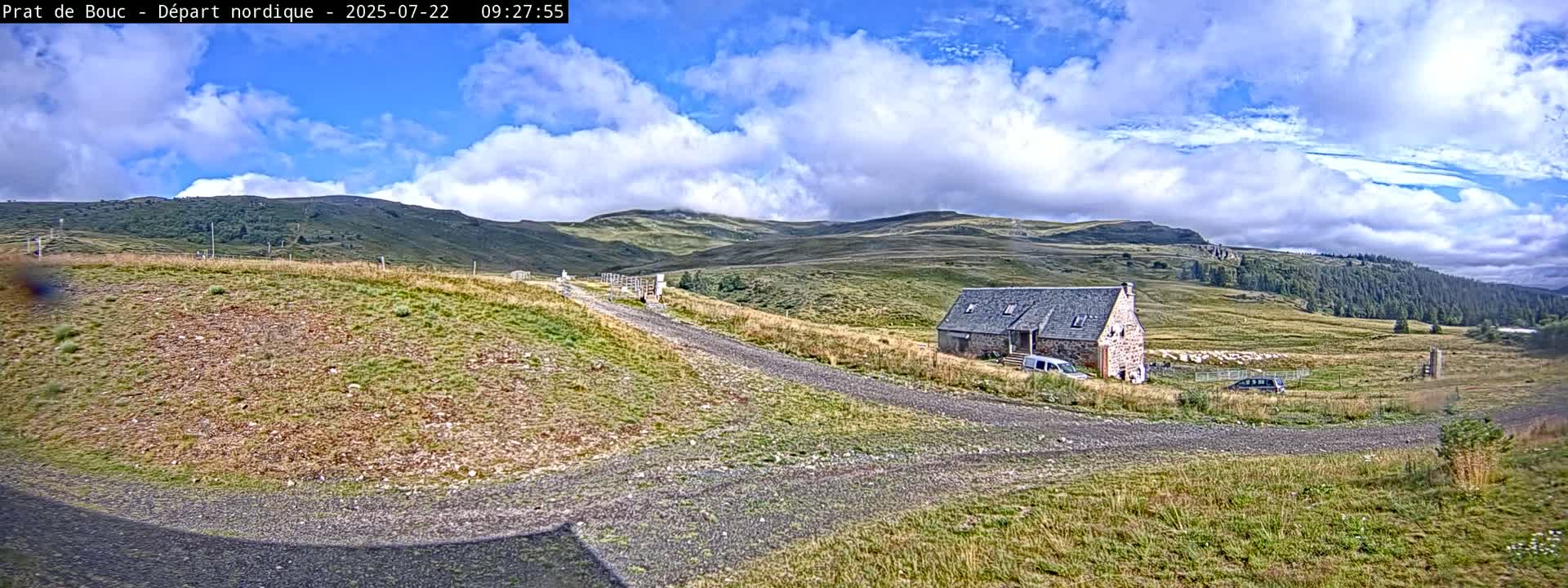 A stone building sits on a grassy hillside under a partly cloudy sky, with a gravel road leading toward it.