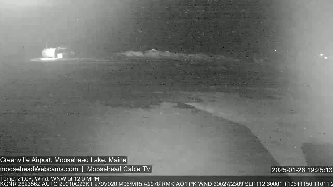 A nighttime, low-visibility grayscale image shows a sparsely lit airport runway with a building in the distance, under a WNW wind of 12 mph and a temperature of 21°F.