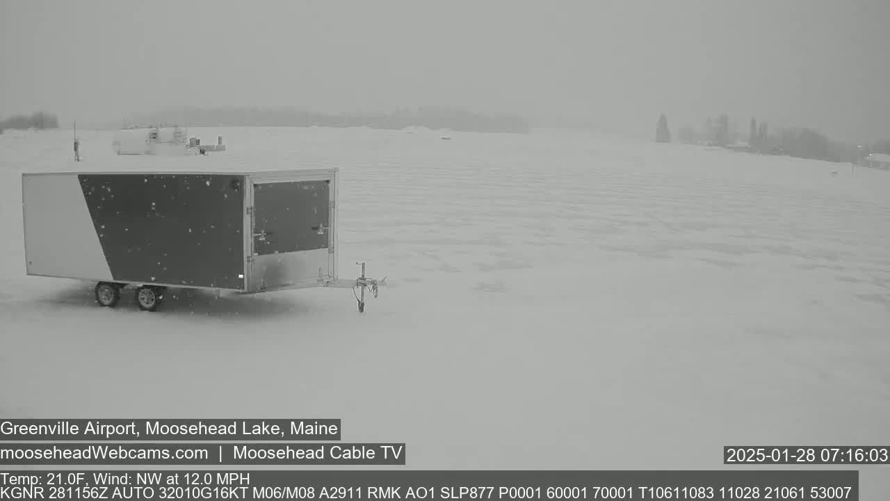 A snow-covered landscape featuring a large enclosed trailer, with light snowfall and a northwest wind.