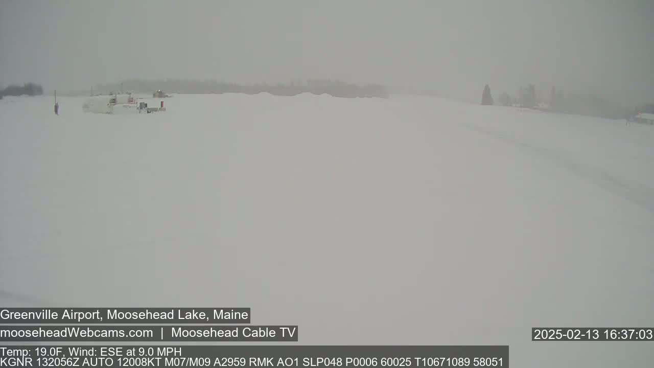 A snow-covered landscape is visible in heavy snow, with a few buildings in the distance.