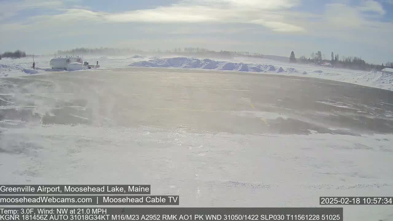 A snow-covered airport runway is visible, with a white vehicle parked near the terminal building under a partly cloudy sky and a strong northwest wind.