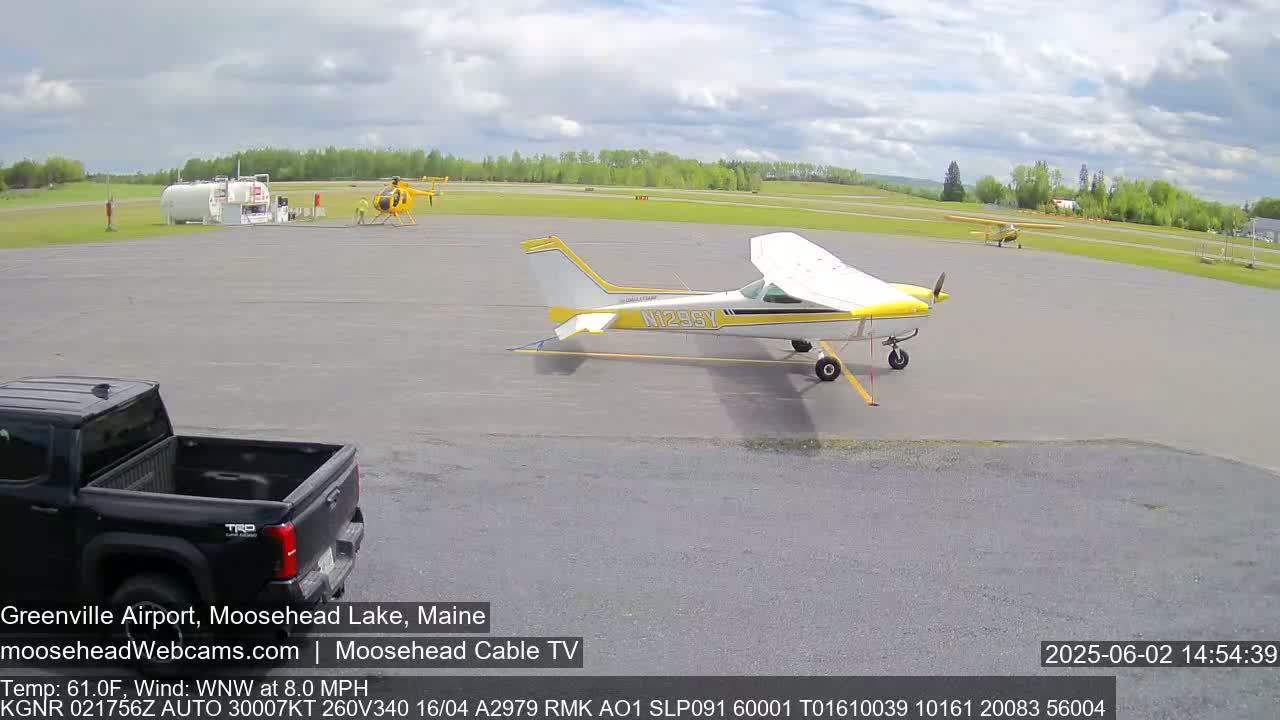 A small airport tarmac with a single-engine airplane, a helicopter, a small pickup truck, and a fuel truck under partly cloudy skies.