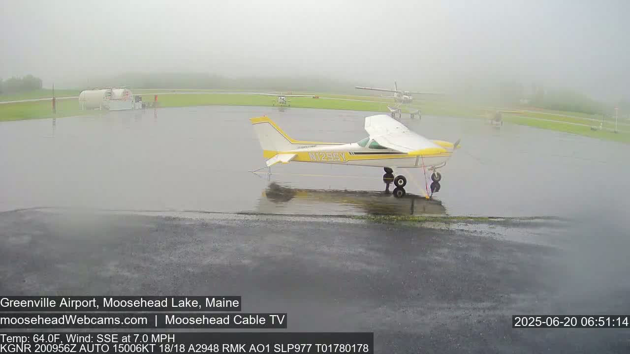 A small yellow and white airplane sits on a wet tarmac in foggy conditions at an airport.