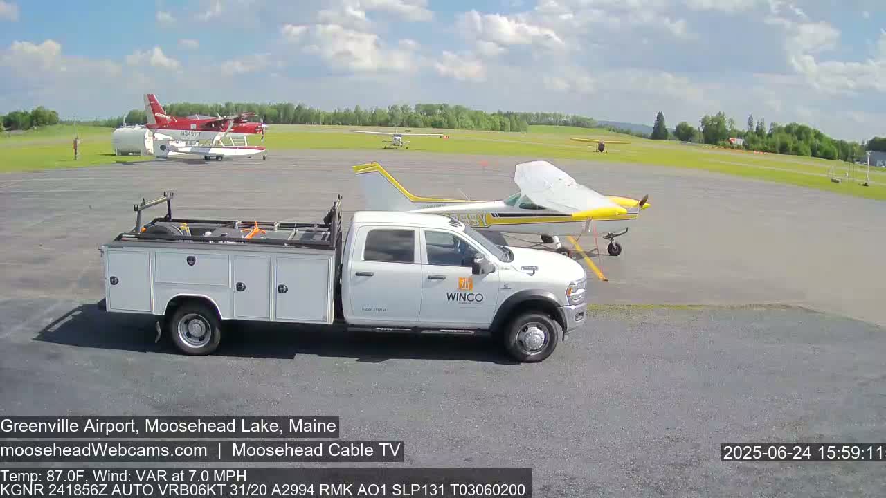 A white pickup truck is parked next to a yellow airplane on an airfield under partly cloudy skies.