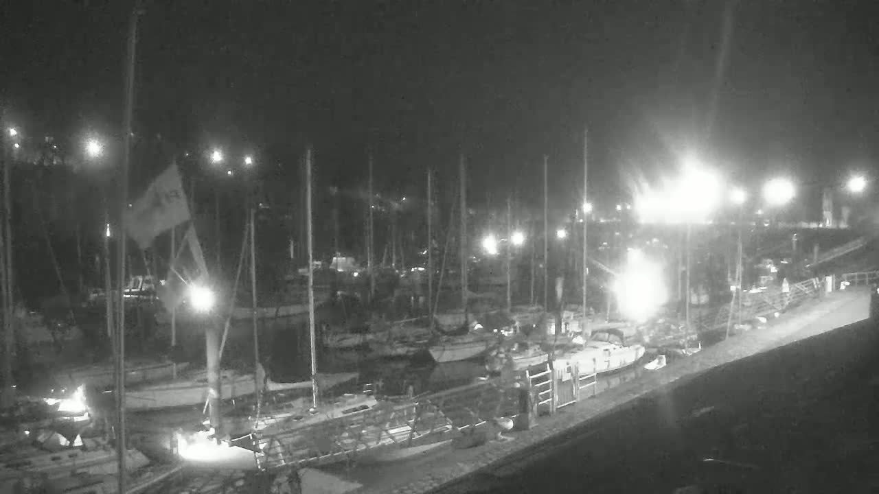 A nighttime, brightly lit marina filled with sailboats and yachts.