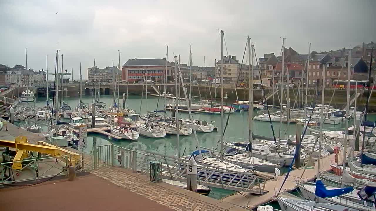 A marina filled with sailboats and motorboats on a cloudy day.