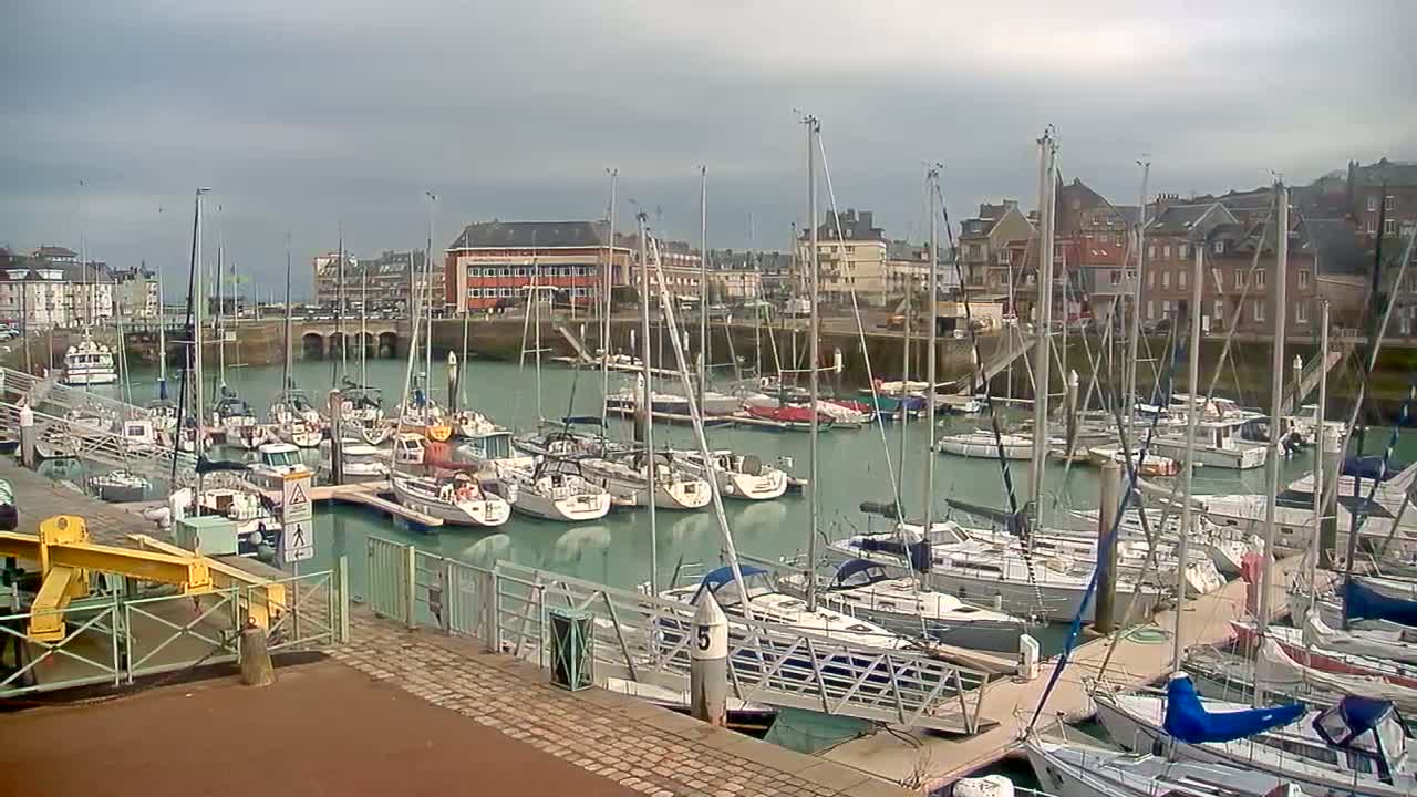 A marina filled with sailboats is situated near a town under a cloudy sky.