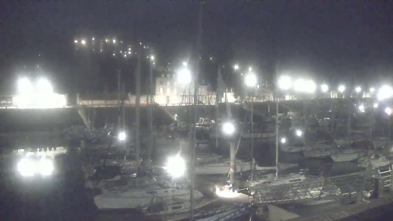A nighttime view of a marina filled with boats docked under bright lights, with a building illuminated in the background.