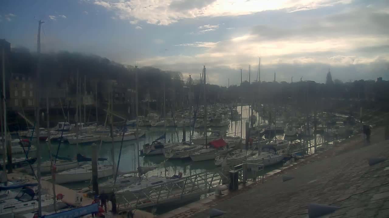 A marina filled with numerous sailboats is seen under a partly cloudy sky.