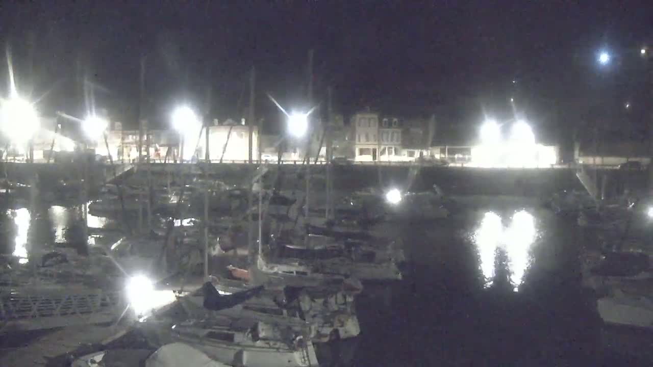 A nighttime view of a marina with numerous boats docked along a waterfront, illuminated by artificial lights.