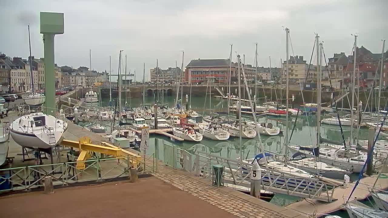 Many sailboats are docked in a harbor on an overcast day.