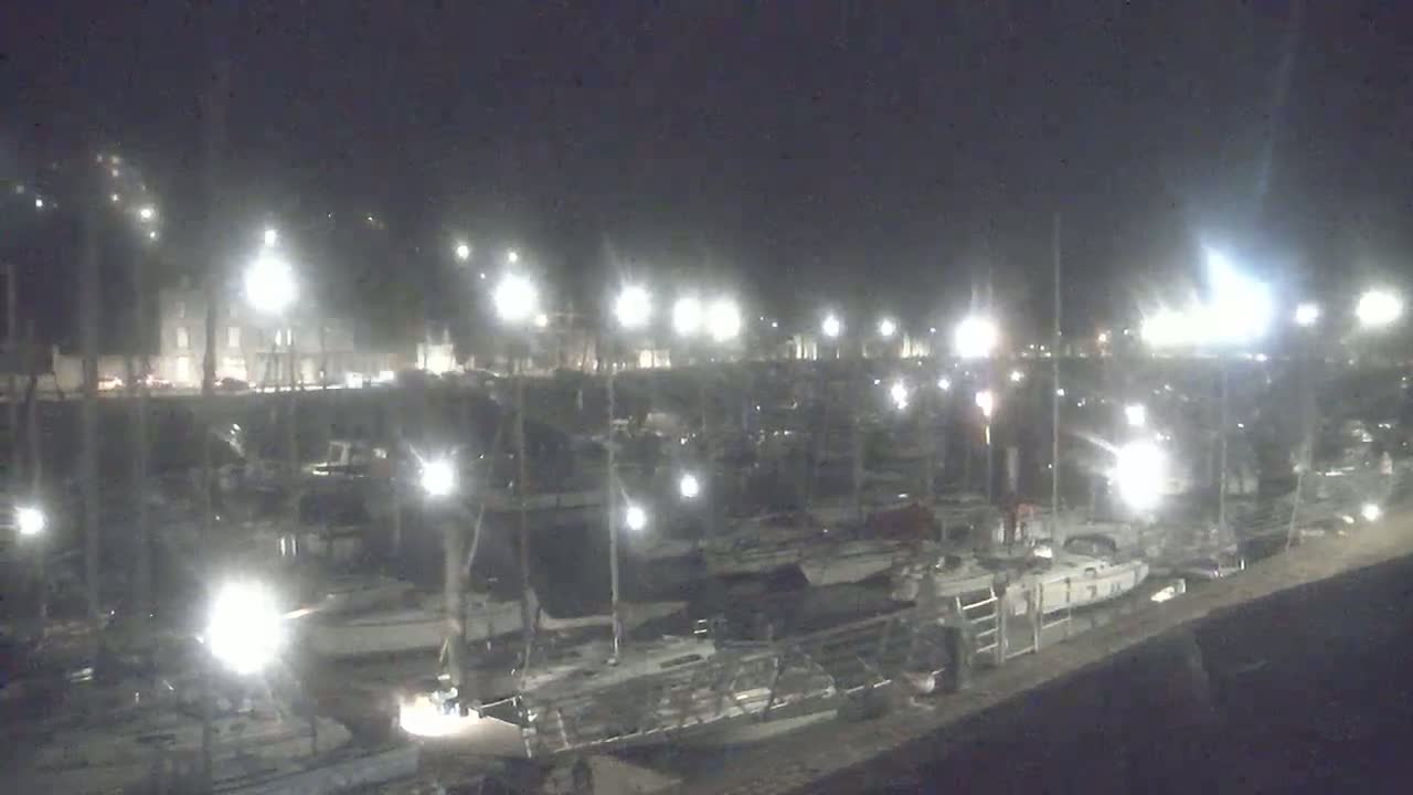 Many boats are docked at a marina at night under bright lights.