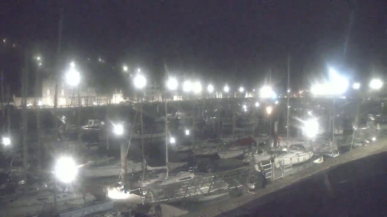 A nighttime view of a marina filled with numerous boats under bright artificial lights.