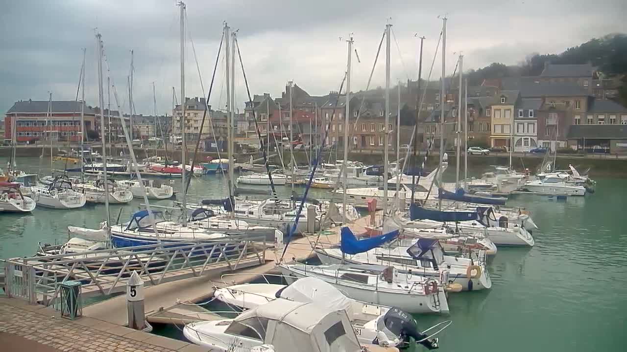 A marina filled with sailboats and motorboats is nestled next to a town under a cloudy sky.