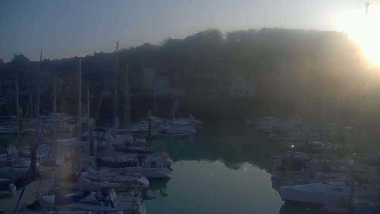 Many sailboats and motorboats are docked in a calm harbor at sunrise under hazy conditions.