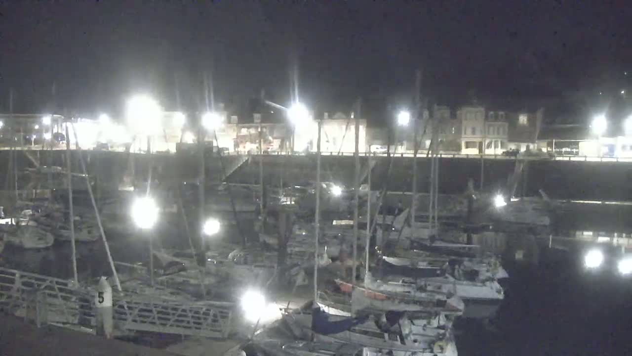 A nighttime view of a marina filled with docked sailboats under bright artificial lights.