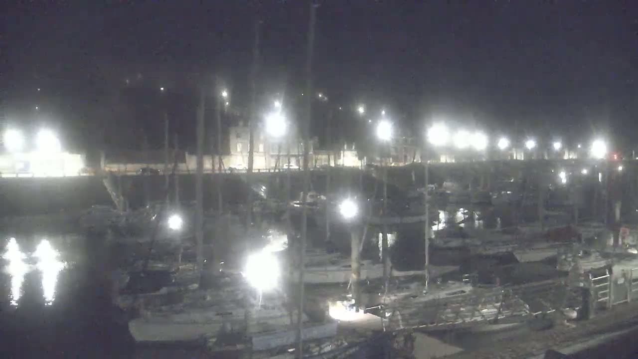 Many sailboats are docked at a marina at night under bright lights.