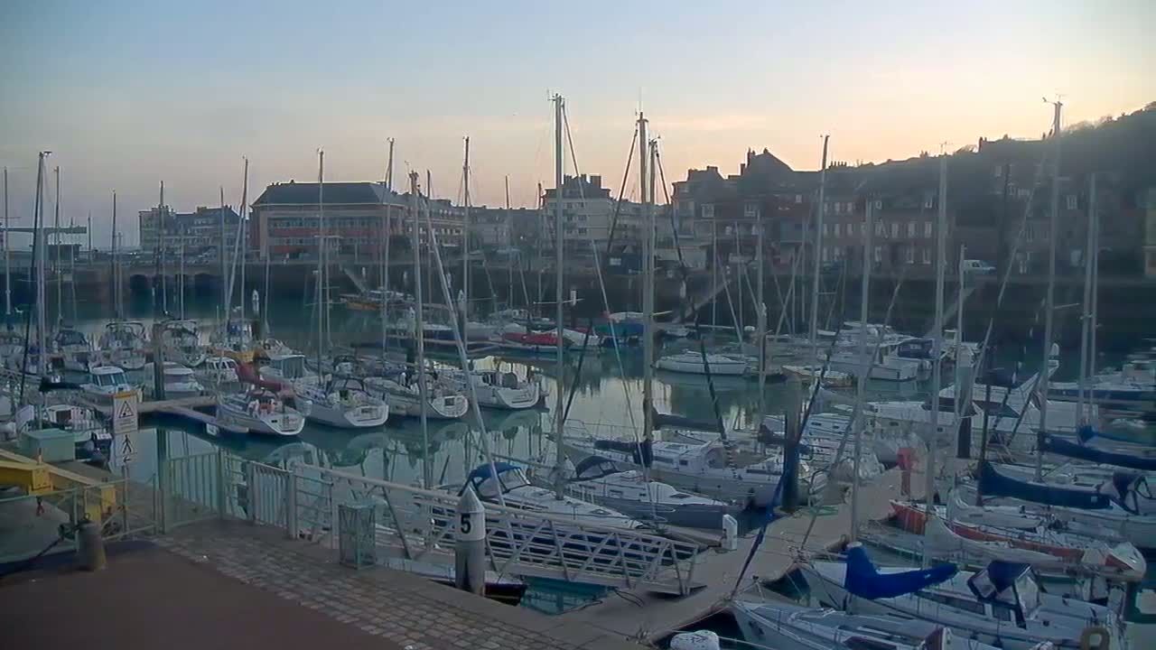 Many sailboats are moored in a harbor at dawn under a mostly clear sky.