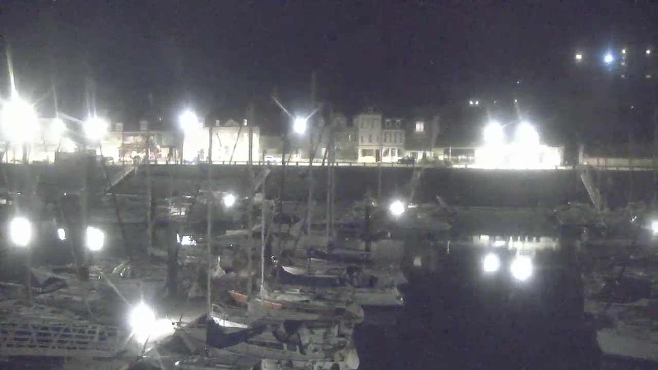 At night, a marina is brightly lit, showing many boats docked along a seawall with buildings behind it.