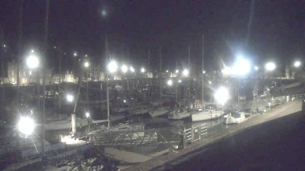 Many boats are docked in a marina at night under bright lights.