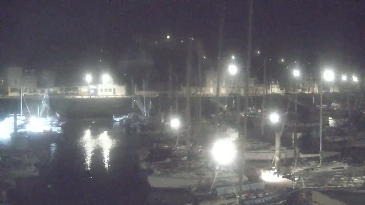 A nighttime view of a marina with numerous boats docked, illuminated by lights, and calm water reflecting the lights.